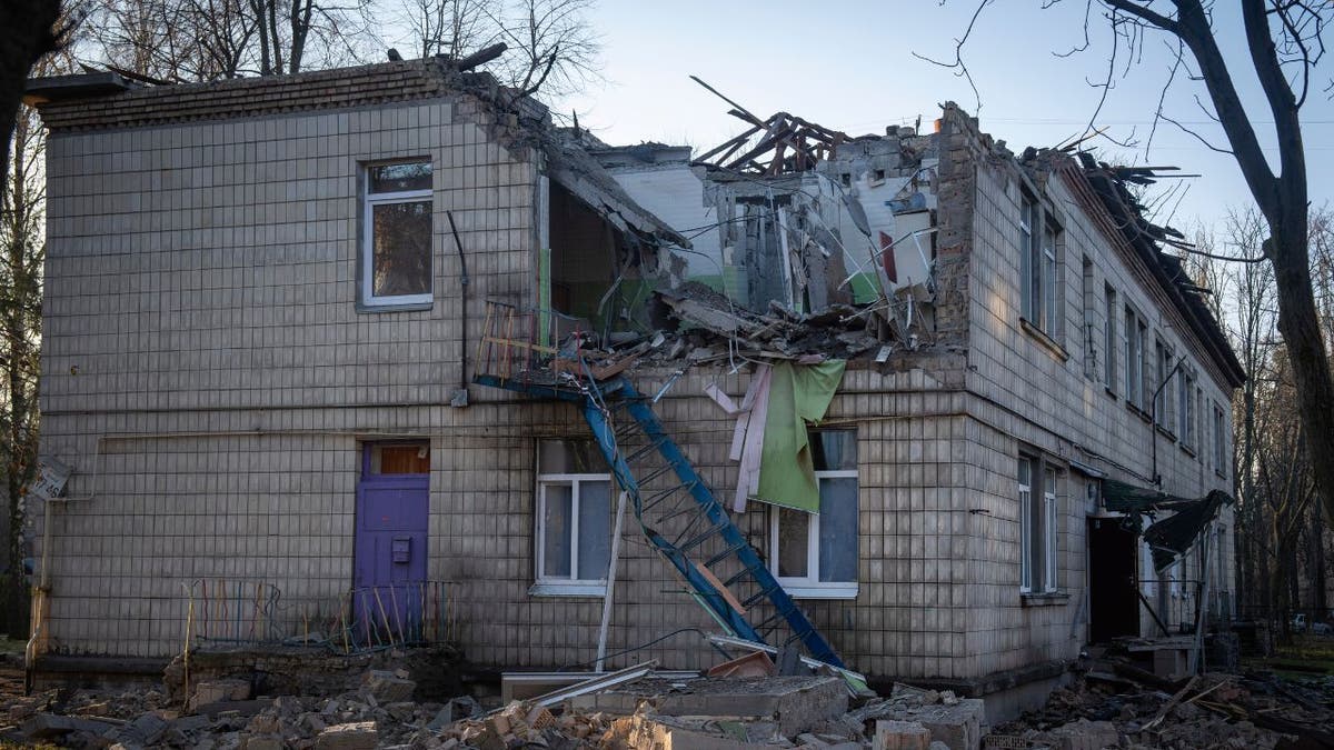 Damaged kindergarten school building in Kyiv